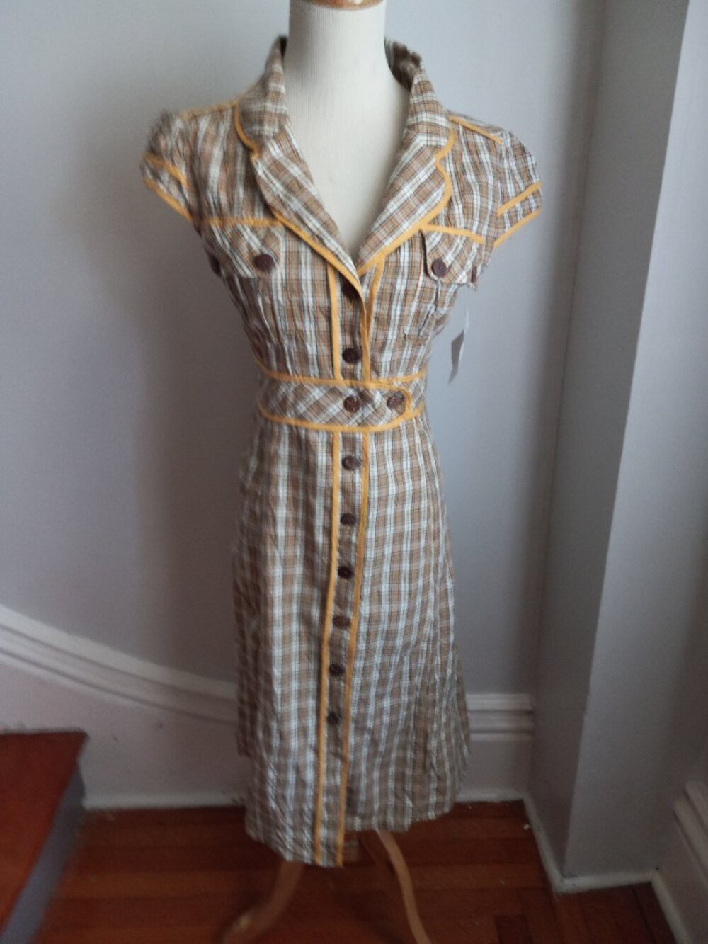 YELLOW PLAID COTTON BLEND DRESS BY E-KLAH NWT M